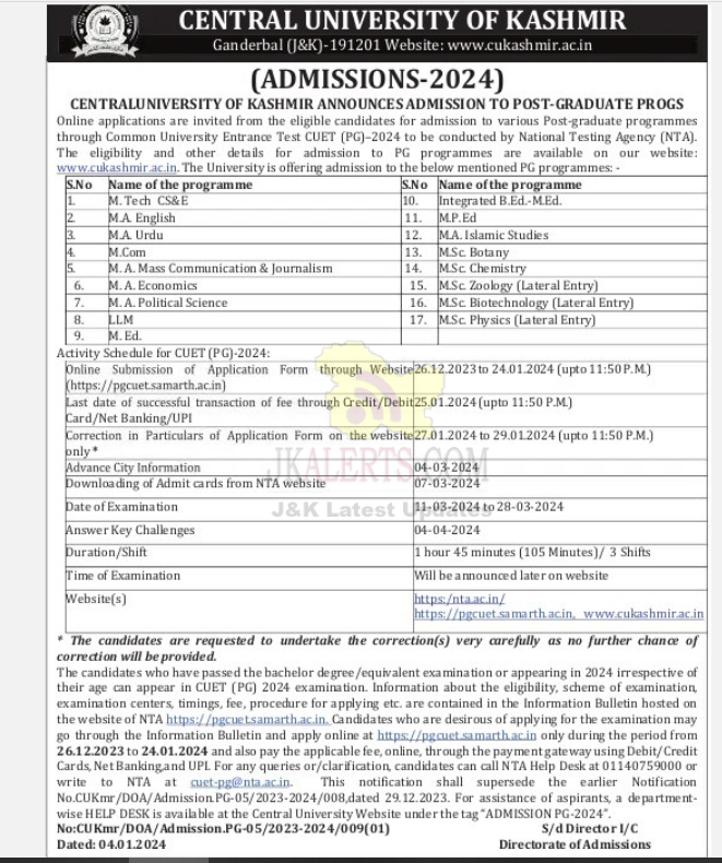 Central University Of Kashmir Admission Notice. | JKAlerts