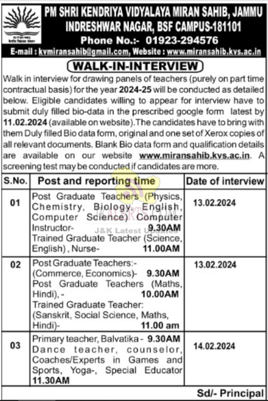 Walk In Interview Form Kvs Kendriya Vidyalaya Walk-In-Interview. | Govt Private Jobs updates Jammu ...