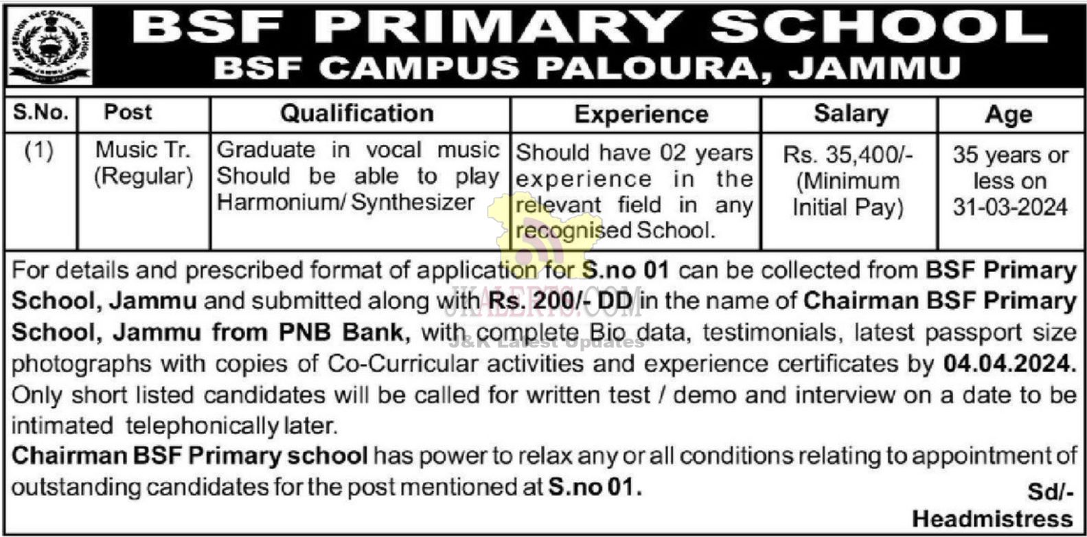 Job in BSF Primary School Paloura, Jammu | JKAlerts JK