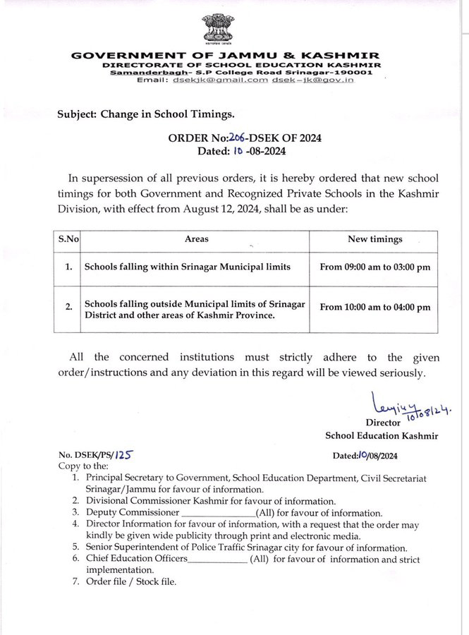 Change in School Timings Kashmir Division JKUpdates Govt Private