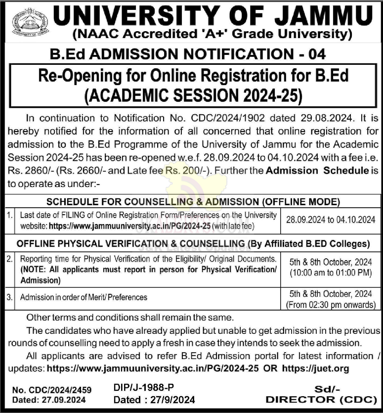 Jammu University B.Ed Admission Notice.