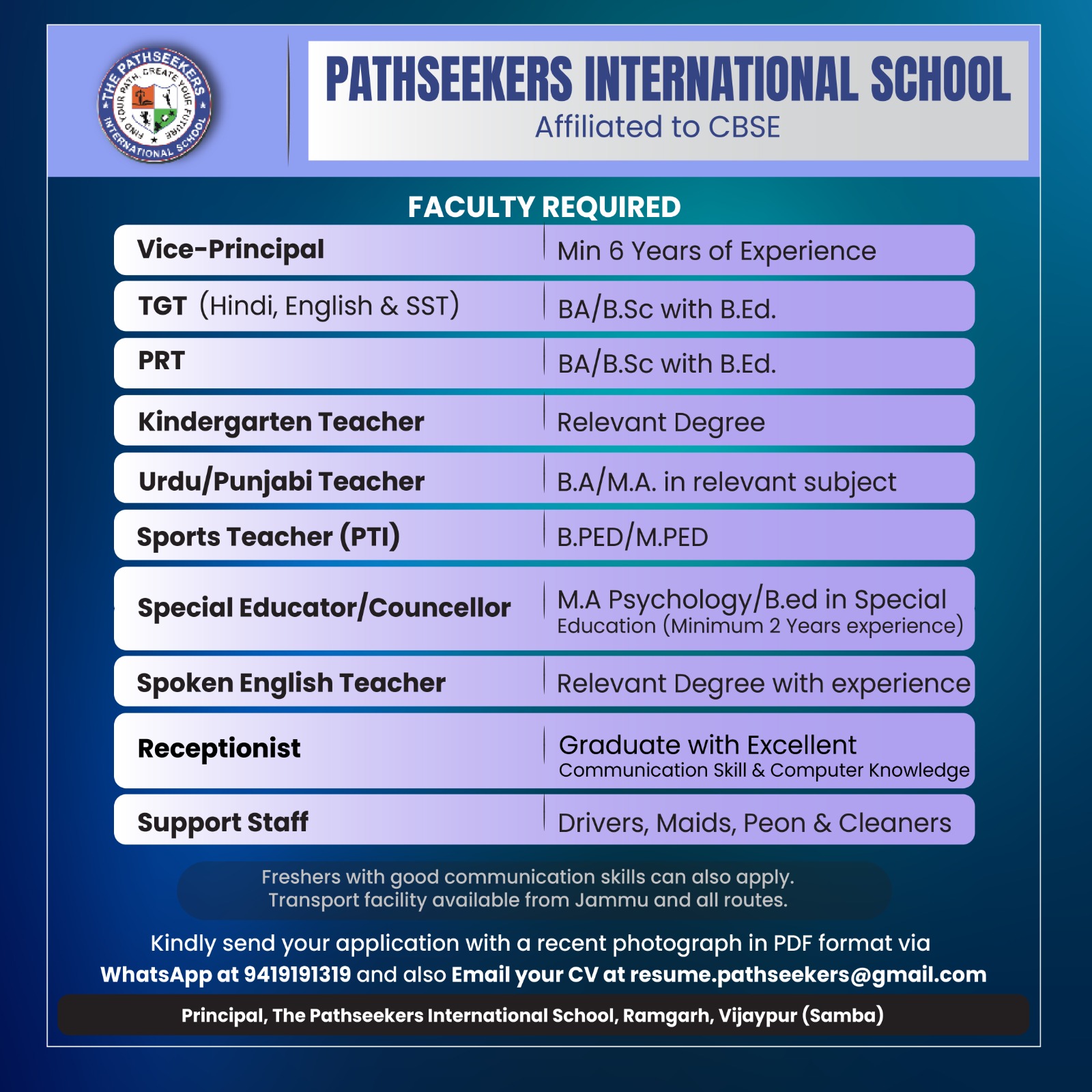 Pathseekers International School Samba Jobs.