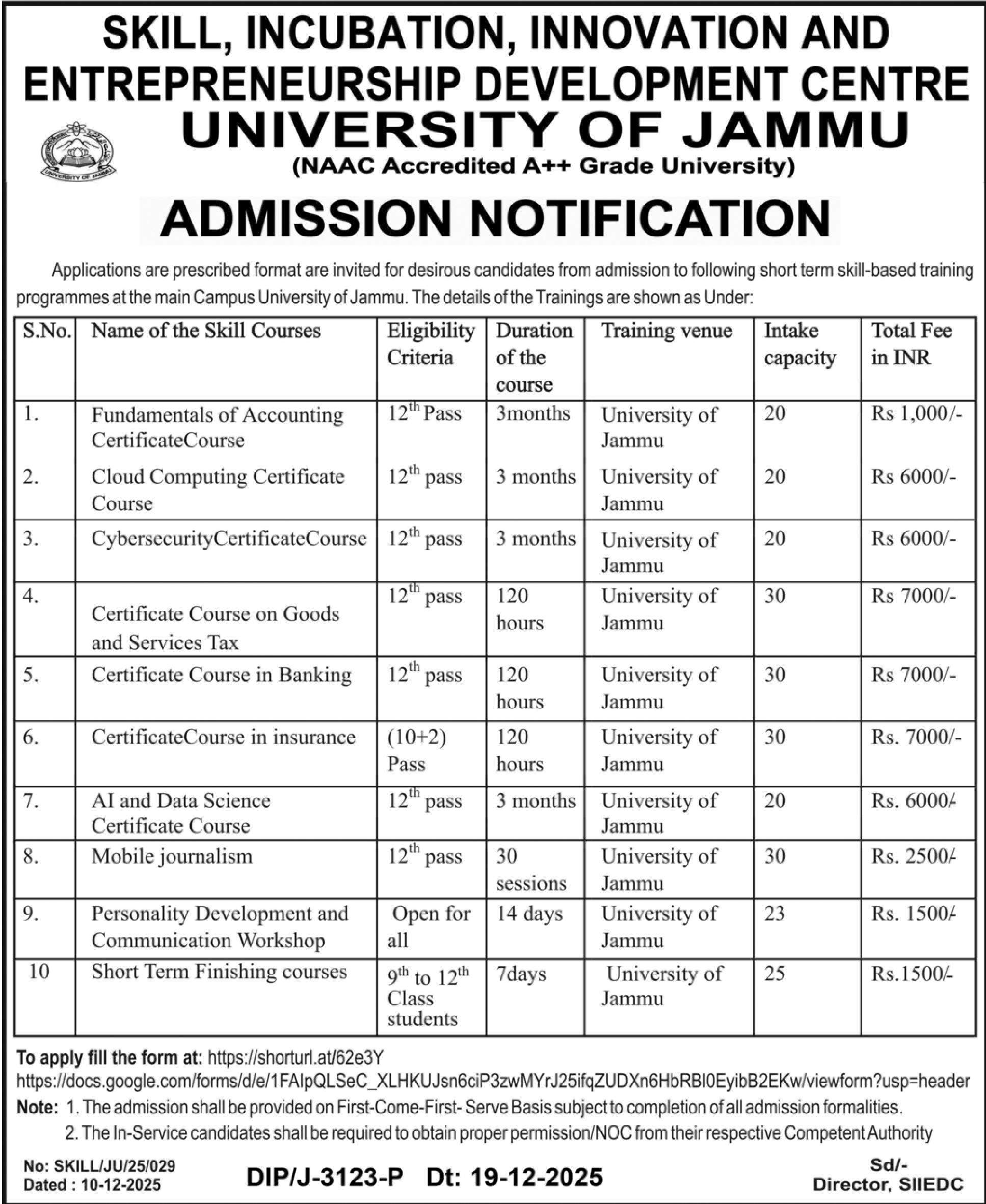 Jammu University Short term skill based training programmes. | Govt ...